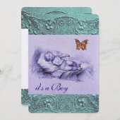 バタフライブルーボーイ赤ちゃんシャワー付きスリング子供 招待状 (正面/裏面)