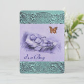 バタフライブルーボーイ赤ちゃんシャワー付きスリング子供 招待状 (スタンド正面)