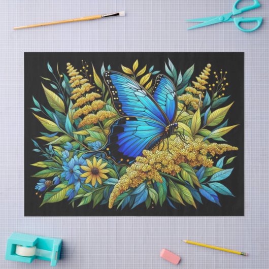 バタフライブルーモルフォ染色ガラスのデコページ 薄葉紙 (クラフト)