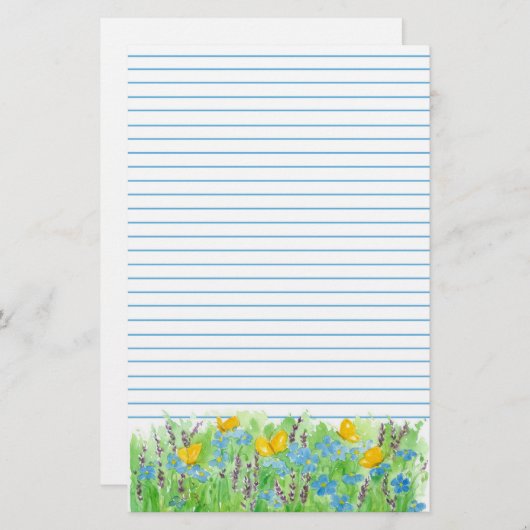 バタフライブルー水彩花が並ぶ 便箋 (正面/裏面)