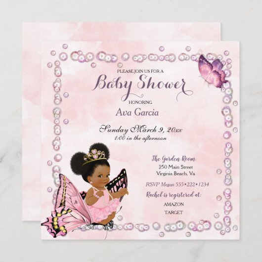 バタフライプリンセスのベビーガールパフ 招待状 (正面/裏面)