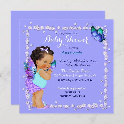 バタフライプリンセスベビーガールパープルターコイズインヴィ 招待状 (正面/裏面)
