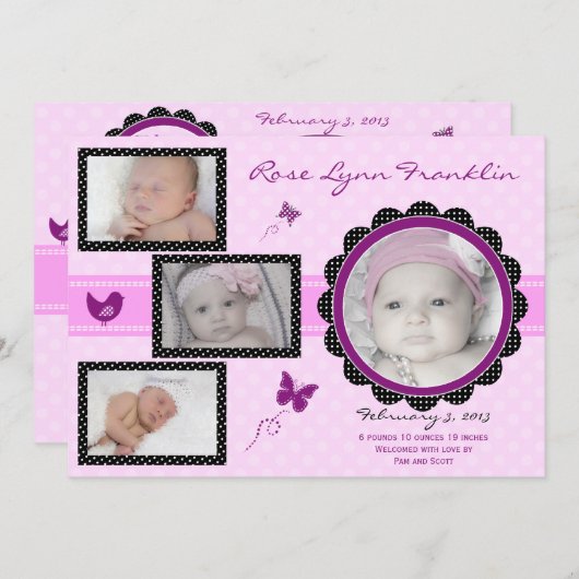 バタフライベビーガール写真誕生のお知らせ 案内状 (正面/裏面)