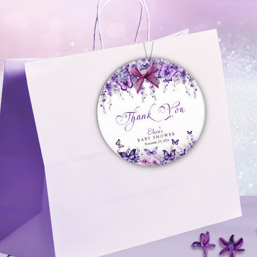 バタフライベビーシャワエレガントーパープルフローラ フェイバータグ