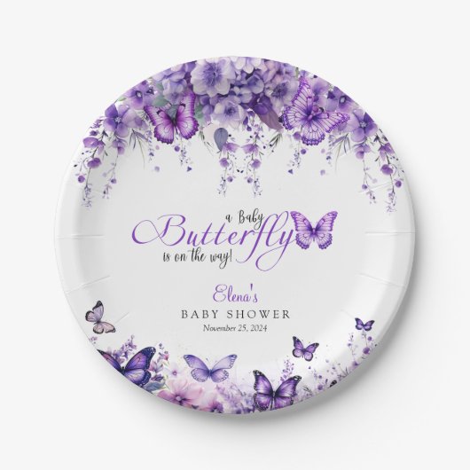 バタフライベビーシャワエレガントーパープルフローラ ペーパープレート (正面)