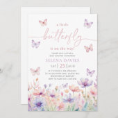 バタフライベビーシャワーガールパープルピンク花 招待状 (正面/裏面)
