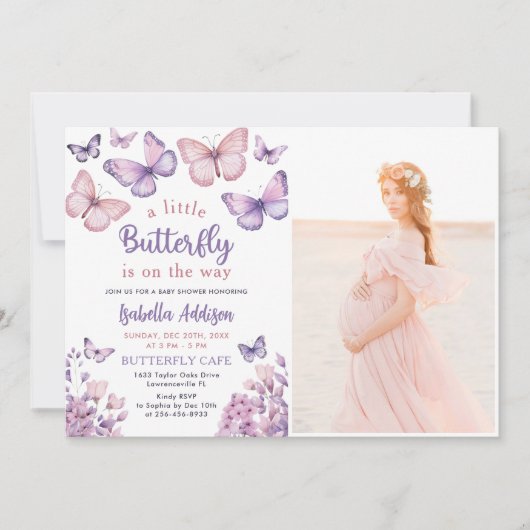 バタフライベビーシャワーパープルフローラガールフォト 招待状 (正面)