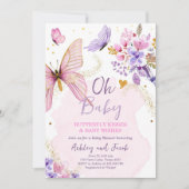 バタフライベビーシャワーパープルフローラピンクガールインヴィ 招待状 (正面)