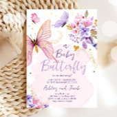 バタフライベビーシャワーパープルフローラピンクガール 招待状