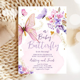 バタフライベビーシャワーパープルフローラピンクガール 招待状