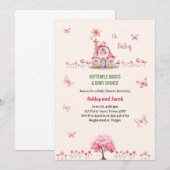 バタフライベビーシャワーパープルフローラピンクガール 招待状 (正面/裏面)