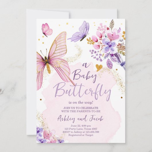 バタフライベビーシャワーパープルフローラピンクガール 招待状 (正面)