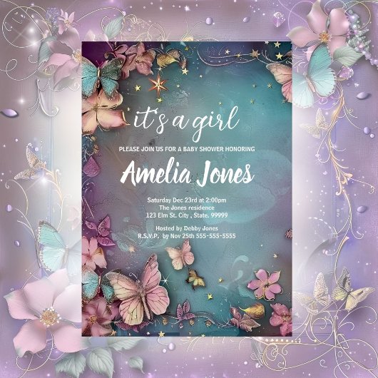 バタフライベビーシャワーパープル招待状 招待状