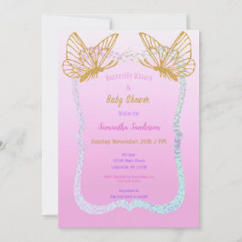 バタフライベビーシャワーピンクと金ゴールドグリッター 招待状