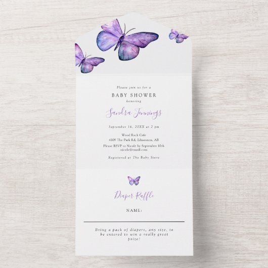 バタフライベビーシャワーミニマエレガントリストシンプル オールインワン招待状 (内側)