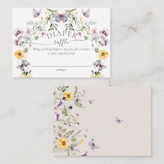 バタフライベビーシャワーワイルドフラワーおむつラッフル エンクロージャーカード (正面/裏面)