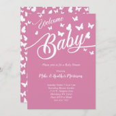 バタフライベビーシャワーヴィンテージピンクガール 招待状 (正面/裏面)