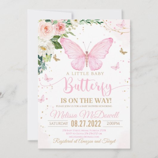 バタフライベビーシャワー招待状ガールインベイティイン 招待状 (正面)