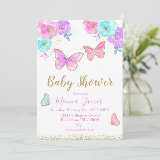 バタフライベビーシャワー招待状ガールベビーシャワー 招待状 (スタンド正面)