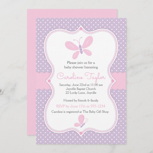 バタフライベビーシャワー招待状紫ピンク 招待状 (正面/裏面)