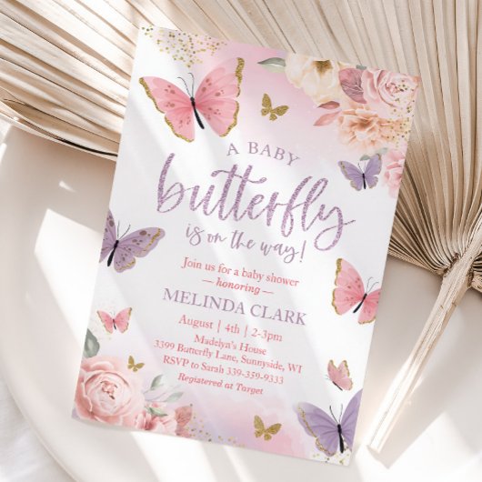 バタフライベビーシャワー招待状、ガールベビーシャワー 招待状