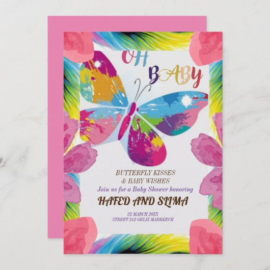 バタフライベビーシャワー招待状、バタフライベビーS 招待状 (正面/裏面)