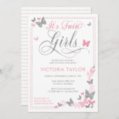 バタフライベビーシャワー招待状、ピンク、シルバー 招待状 (正面/裏面)
