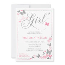 バタフライベビーシャワー招待状、ピンク、シルバー