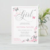 バタフライベビーシャワー招待状、ピンク、シルバー 招待状 (スタンド正面)
