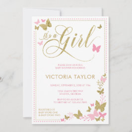 バタフライベビーシャワー招待状、ピンク、金ゴールド 招待状
