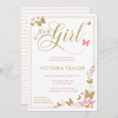 バタフライベビーシャワー招待状、ピンク、金ゴールド 招待状 (正面/裏面)