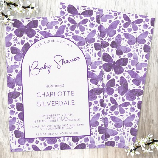 バタフライベビーシャワー水彩紫 招待状