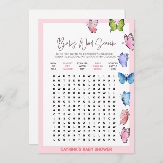 バタフライベビーシャワー – 編集可能な名前、5 x 7 招待状 (正面/裏面)