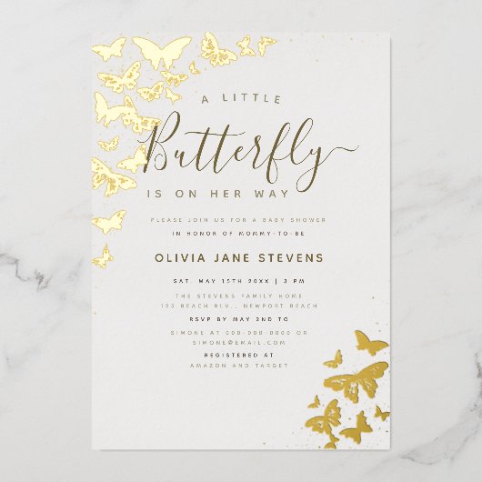 バタフライボーホフレーム金ゴールドエレガントガールベビーシャワー 箔招待状 (正面)