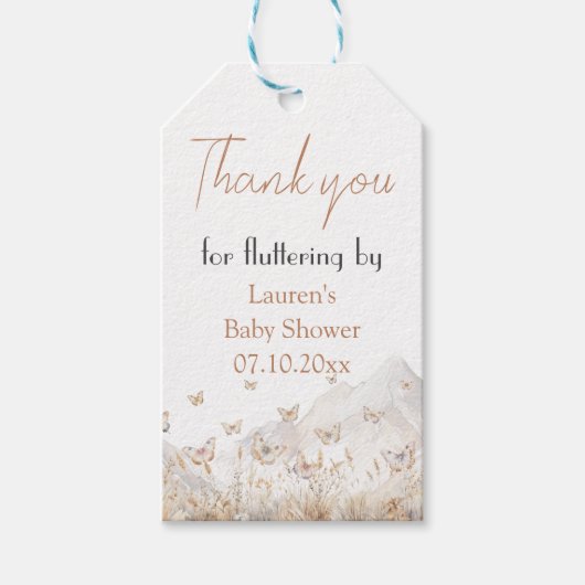 バタフライマウンテンズガールベビーシャワーありがとう ギフトタグ (正面)