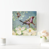 バタフライマグノリアフローラヴィンテージブルーウォーターカラー スクエア壁時計 (ホーム)