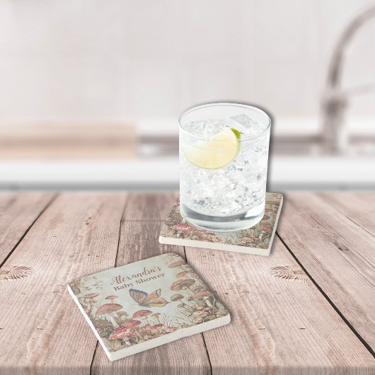 バタフライマッシュルームウッドランド自然ベビーシャワー ストーンコースター