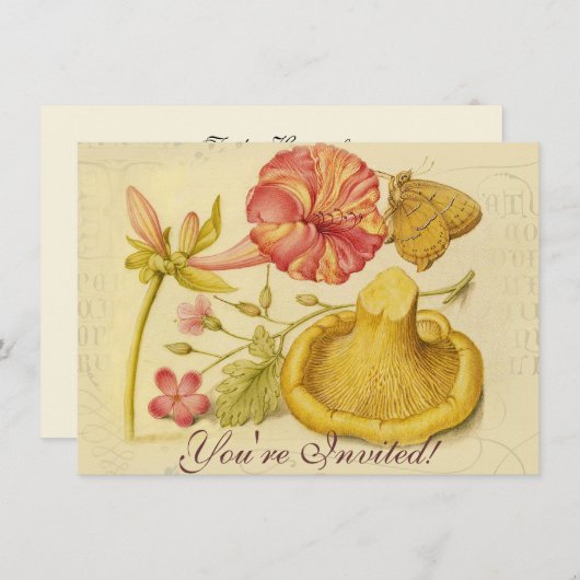 バタフライマッシュルーム花の水絵画色の 招待状 (正面/裏面)