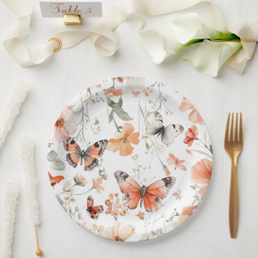 バタフライメドウウォーターカラーかわいらしブライダルシャワー ペーパープレート (ウェディング)