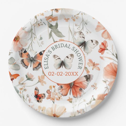バタフライメドウウォーターカラーカスタムブライダルシャワー ペーパープレート (正面)