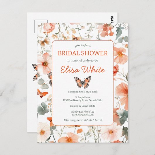 バタフライメドウウォーター色ブライダルシャワーパーティー ポストカード (正面/裏面)