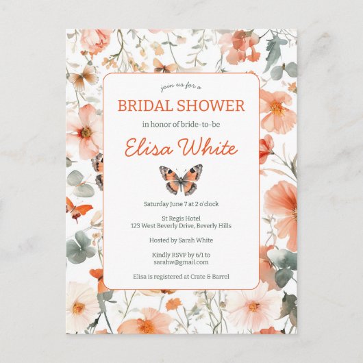 バタフライメドウウォーター色ブライダルシャワーパーティー ポストカード (正面)