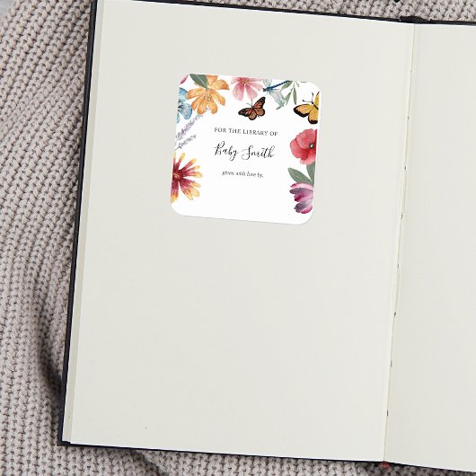 バタフライメドウズベビーシャワー蔵書票 スクエアシール