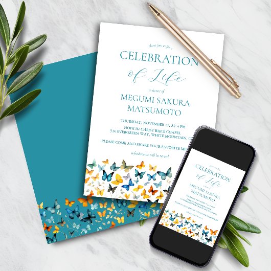 バタフライメモリアル招待状-ティール(緑がかった色)バック 招待状