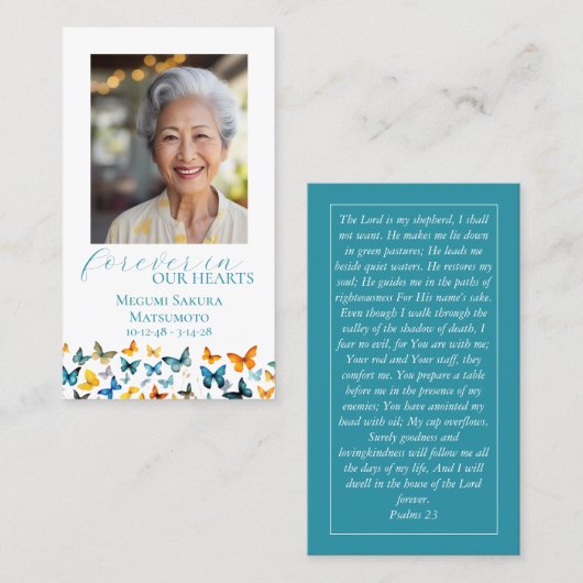 バタフライメモリアル祈りの言葉カード – ティール(緑がかった色)バック 名刺 (正面/裏面)