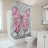 バタフライモザイク – おとぎ話ピンクとグレー シャワーカーテン (インサイチュ)