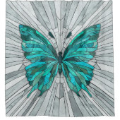 バタフライモザイク – エメラルドグリーンとグレー シャワーカーテン (正面)