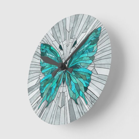 バタフライモザイク – エメラルドグリーンとグレー ラウンド壁時計 (傾斜)
