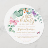 バタフライユーカリプトゥスピンク金ゴールド丸ベビーシャワー 招待状 (正面/裏面)