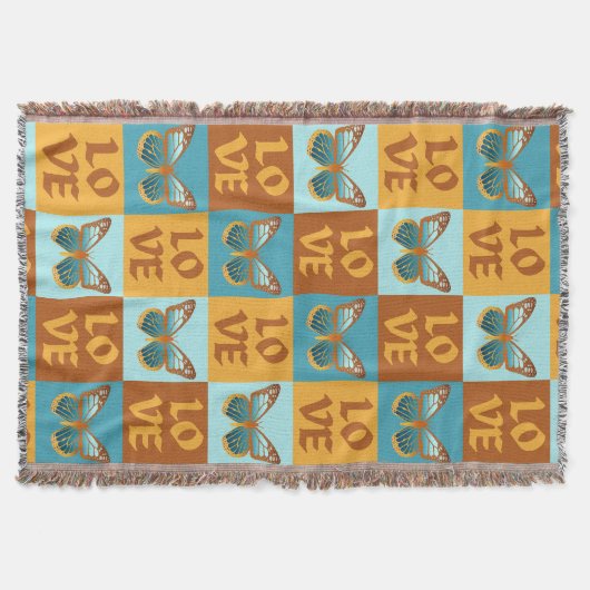 バタフライラブパターン |青とオレンジのグラデーション スローブランケット (正面)